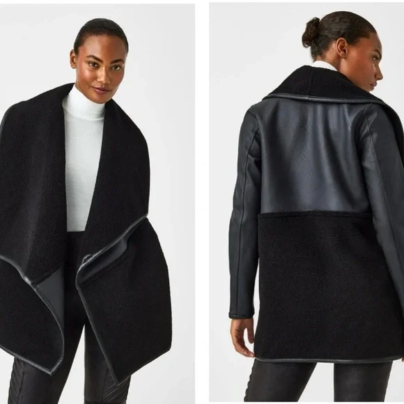 Spanx Fleece & Faux Leather Long Wrap Jacket In Very Very
Black Size Small NEW - Picture 2 of 10